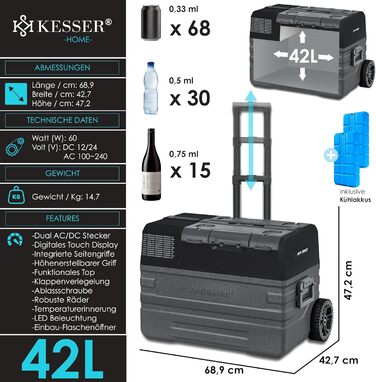 Автомобільний компресорний холодильник KESSER 42L з Wi-Fi, 12/24/230V. Морозильна камера до -20°C, колеса, телескопічна ручка для кемпінгу, фургону, вантажівки + 2 акумулятори холоду