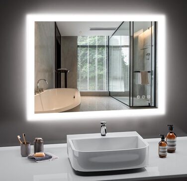 LED дзеркало для ванної кімнати 80x60 см з підсвічуванням, 3 кольори світла, регулювання яскравості, антизапарник, сенсорне керування, пам'ять, IP44, вологостійке