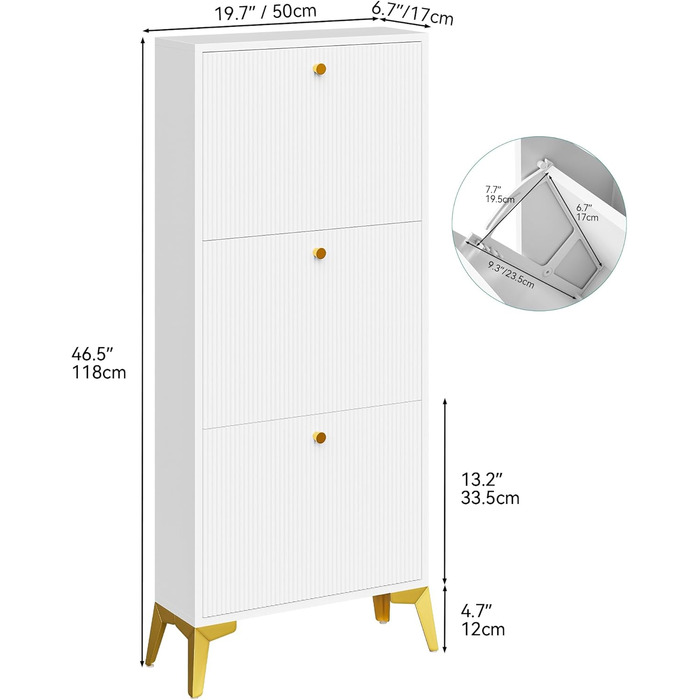 Шафа для взуття YITAHOME з 3 висувними ящиками, біла, вузька, з металевими ніжками, 20x50x118.5 см