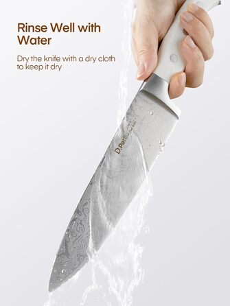 Набір ножів D.Perlla 7 предметів з точилкою, професійний кухонний набір з нержавіючої сталі з пластиковою ручкою та дерев'яним блоком, білий