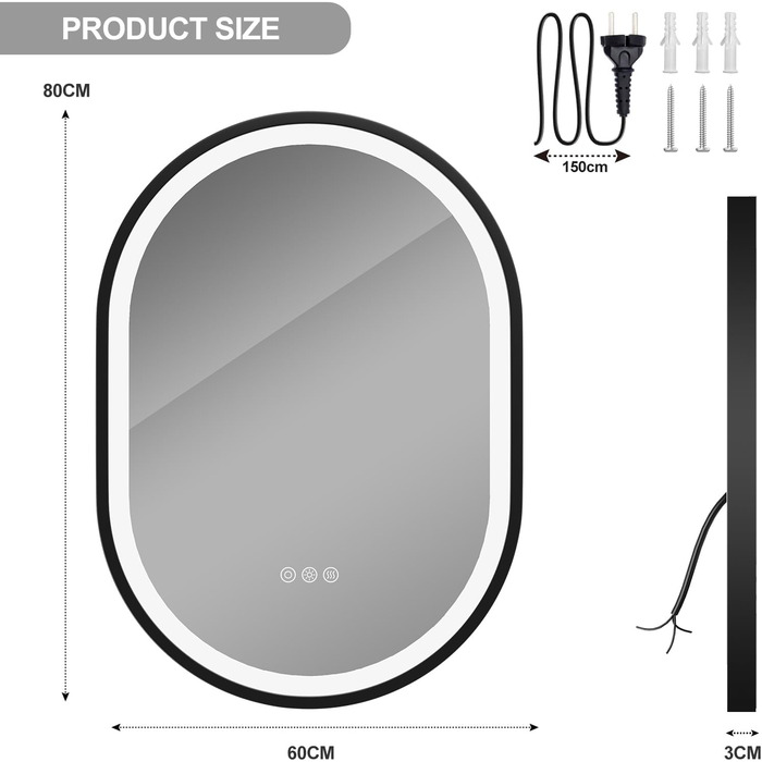 Круглий LED-дзеркало для ванної кімнати ChillCruiser 50 см з чорною рамою, антизапар, 3 кольори, функція Memory