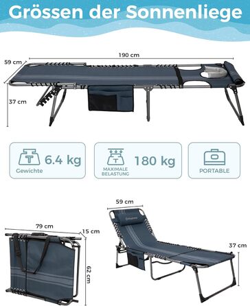 Лежак для відпочинку KingCamp великого розміру, складаний, 5 положень, для саду, кемпінгу, пляжу, 200 x 68 см, сірий, з подушкою та кишенею, до 200 кг