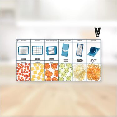 Набір для нарізки овочів Nicer Dicer Chef 15 елементів: нарізник, шинкувальник, нарізник для салату, кубик-нарізник, нарізник для картоплі фрі, хвилястий нарізник, мульти-подрібнювач для фруктів та овочів, кухонний аксесуар з рецептами (блакитний)