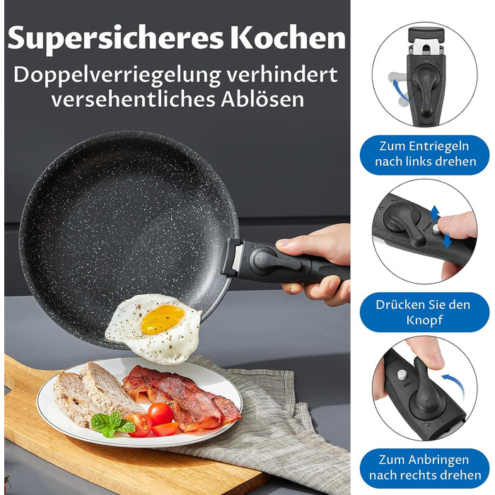 Набір антипригарних сковорідок BEZIA з знімними ручками, для всіх типів плит, з антипригарним покриттям, можна мити в посудомийній машині та використовувати в духовці, без PFAS, чорний