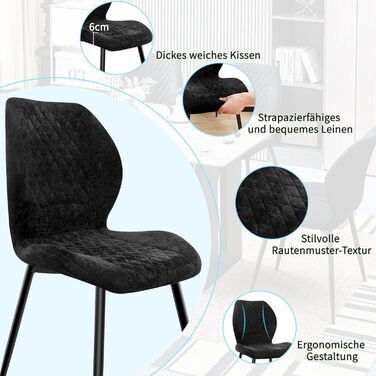 Набір з 4/6 стільців для їдальні, кухні, вітальні, чорного кольору, ергономічні, оббивка з льону