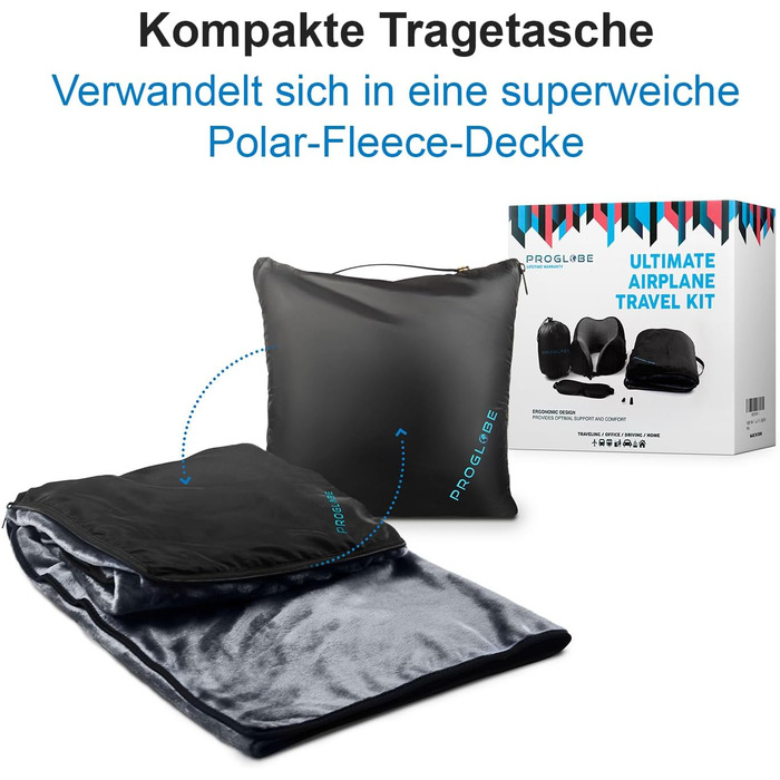 Набір для подорожей Proglobe: подушка для шиї, маска для сну, навушники, ковдра та сумка. 100% Memory Foam