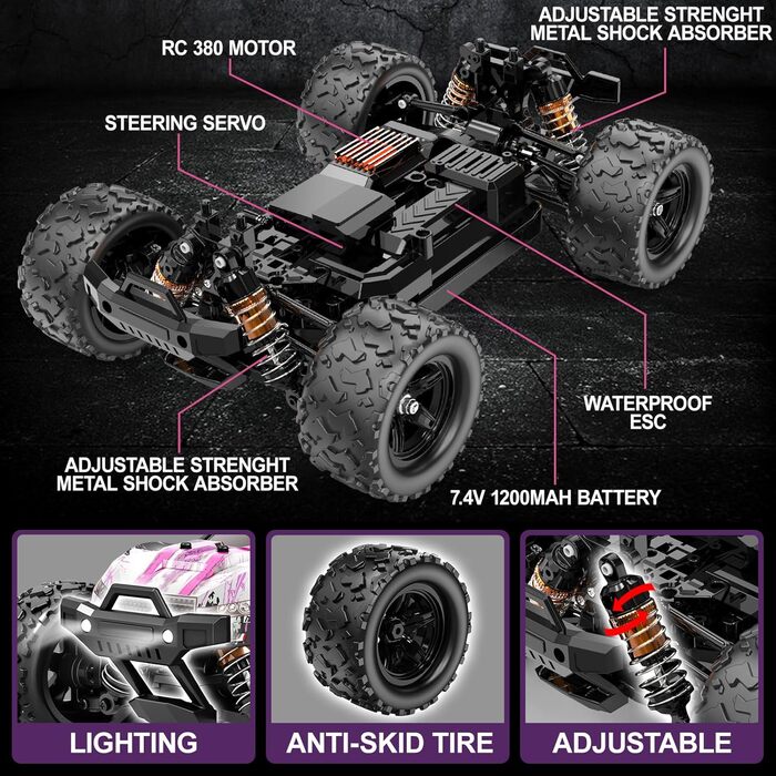 RC Автомобіль Monstertruck 1:18 4WD, Позашляховик 40 км/год, Металеве передавання, 2x1300mAh, Рожевий - для дорослих та дітей від 10 років