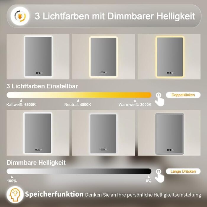 Дзеркало для ванної кімнати Badspiegel 50x70 см з годинником, 3 кольори підсвічування, сенсорний вимикач, прямокутне, 50x70x3.5 см