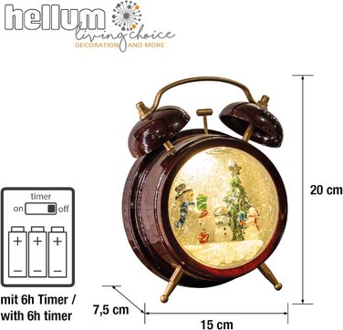 LED ліхтар Hellum Снігова куля на Новий Рік, 14x20 см, святкова прикраса, батарейний, прикраса на Різдво, 524321 (Сніговик, будильник)