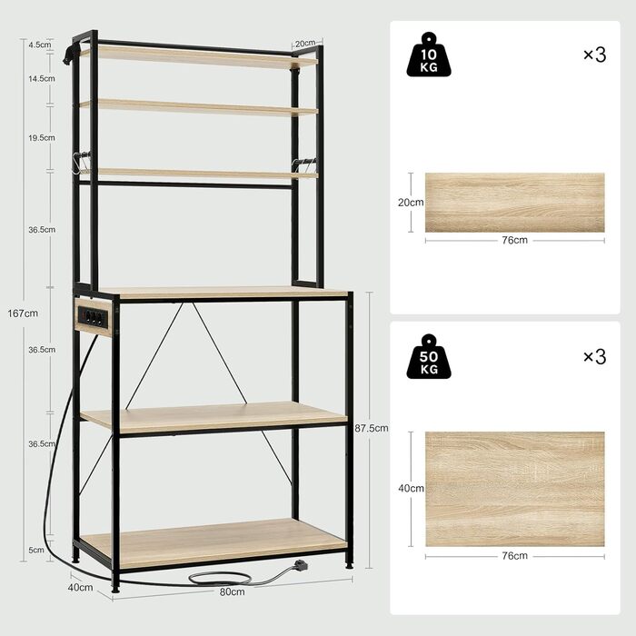 Кухонна полиця WOLTU з 6 ярусами, з розетками, для мікрохвильової печі, з металевим каркасом, регульовані полиці, Чорний+Рустикальний коричневий, 60 x 167 x 40 см