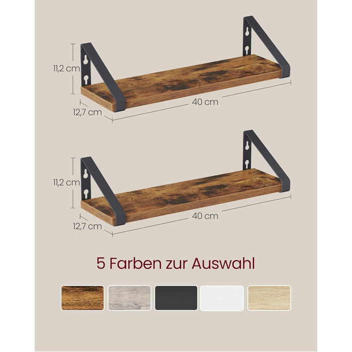 Настінна полиця VASAGLE, 6 шт. у наборі, полиці для стін, 30/35/40 см, для вітальні, кухні, кабінету, ванної кімнати, вінтажний коричневий + матовий чорний, LWS033K02