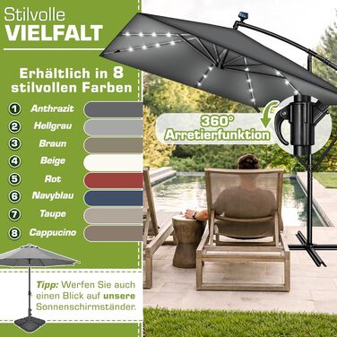 Прямокутна алюмінієва сонячна парасолька tillvex® 330 см з LED-підсвіткою, ручкою та чохлом, антрацит — підвісна садова парасолька з захистом від UV та вітру