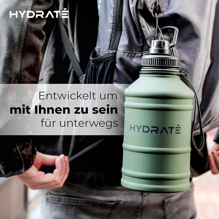 Пляшка для пиття HYDRATE 2,2 л з нержавіючої сталі - без вмісту BPA, герметична, тренажерний зал