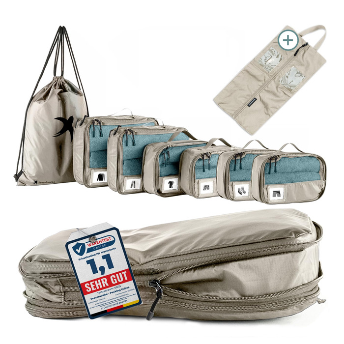 Набір компресійних органайзерів для одягу в дорогу Packing Cubes, 8 предметів, бежевий — легкі сумки-пакувальники для валізи та рюкзака