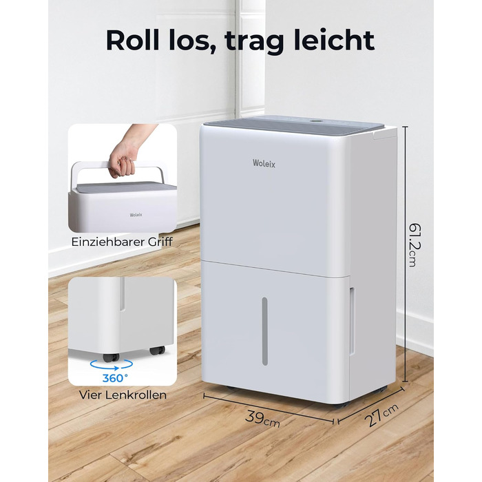 Електричний осушувач повітря 12L з таймером, для підвалів та приміщень до 122м³, з фільтром та 1м шлангом, 10 років гарантії, 50л/день