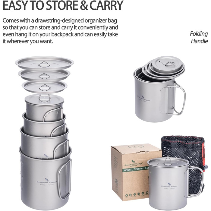 iBasingo Titan Camping Посуд: Чайник, Каструля, Кружка з кришкою та складним ручками (200-750мл) для кемпінгу, трекінгу, пікніка