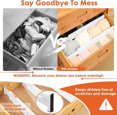 Органайзери для шухляд MUUKAIII (6 шт.) - бамбукові роздільники для шухляд, 43-56 см, 6 см висота, для кухні та шафи - білий