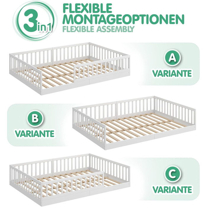 Ліжко дитяче CADANI Timi 2в1 Монтессорі 120x200 см з бортиками, ламелі, масив сосни, біле - 3 варіанти збірки, до 200 кг, регульоване