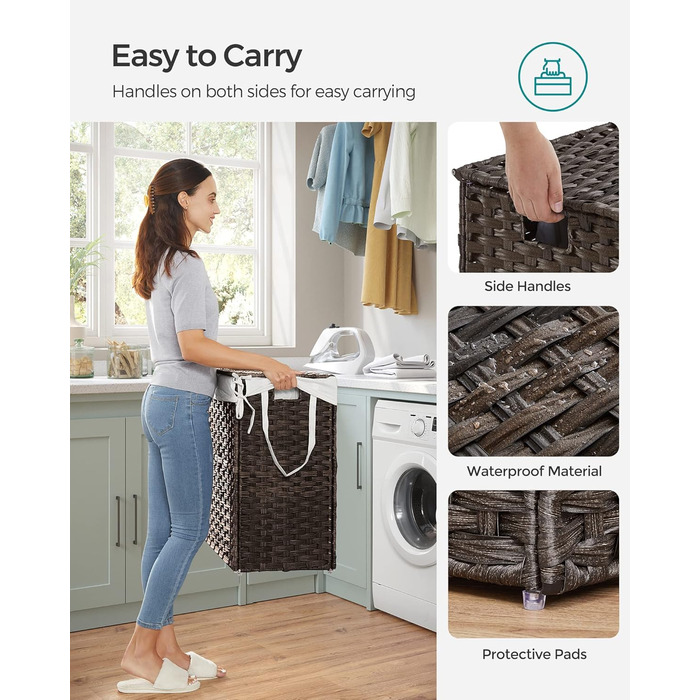 Кошик для білизни Songmics з кришкою, 90 л, з 6 мішечками, з лози, коричневий
