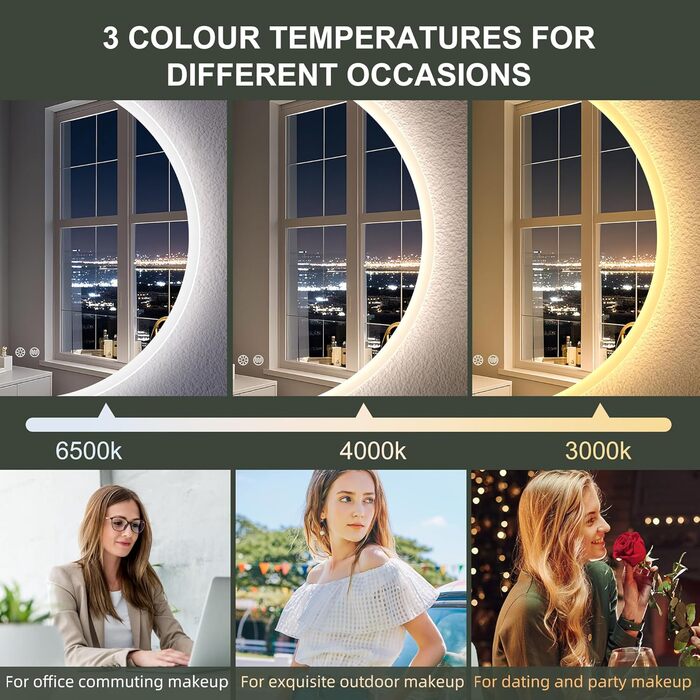 Дзеркало для ванної кімнати S'bagno Runder з підсвічуванням 60 см, антизапар, 3000K/4000K/6500K, регулювання яскравості, HD скло, функція пам'яті, IP44, 60x60 см