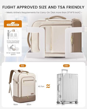 LOVEVOOK Рюкзак для ручної поклажі 40L з окремим відділенням для взуття, жіночий, великий, з вологостійким відділенням, рюкзак-валіза для подорожей (3 шт., Бежевий, Хакі)