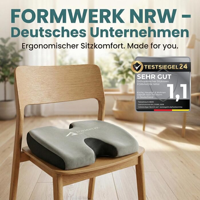 Ортопедична подушка для сидіння преміум-класу - Ergonomisches Sitzkissen для офісу та авто з 3D Memory Foam, сертифікат OEKO-TEX-100 (65-100 кг), сірий колір