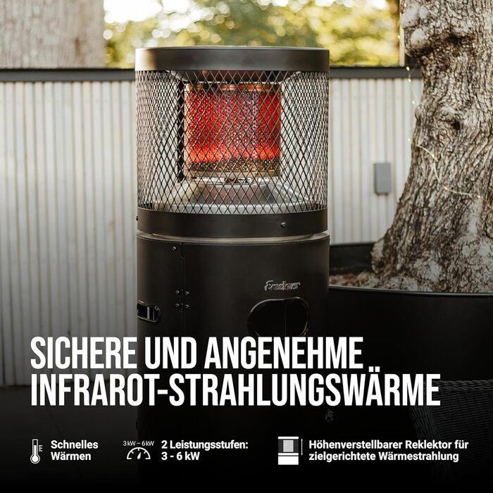 Газовий терасної обігрівач Enders Polo Black 2.0 з регулюванням 3-6 кВт, нержавіюча сталь, ENDUR Reflexionssystem, транспортні колеса, захист від перекидання, чорний