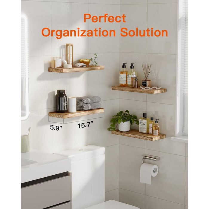 Полиця настінна Pipishell Wandregal Holz 40 см, набір 4 шт., дерево Paulownia, плаваюча полиця для кухні, ванної, спальні, офісу (світло-коричнева)