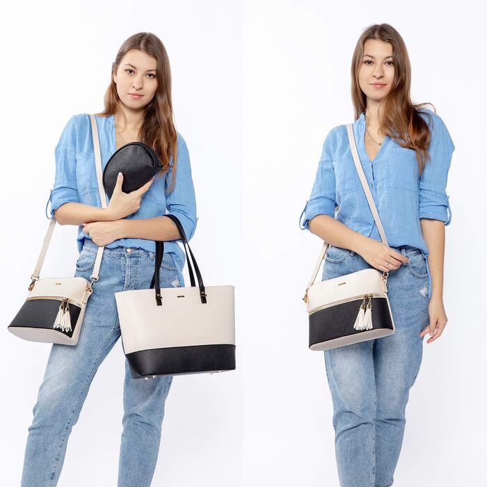 LOVEVOOK Набір сумок для жінок: 3 шт. (шоппер, сумка на плече, сумка з ручкою) – для подорожей, бізнесу, шопінгу (бежевий+чорний)