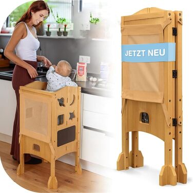 Дитячий навчальний столик-сходинка (1 рік+) з сіткою безпеки 360° - стабільний, масивний, з анти-кидкою, білий (натуральне дерево)