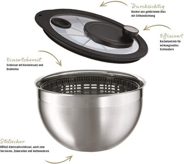 Салатниця-відцентрофуга RÖSLE з нержавіючої сталі 18/10, діаметр 24 см, об'єм 27x25.5x18.5 см