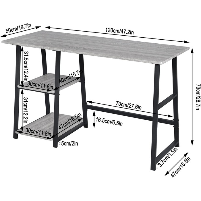 Комп'ютерний стіл Офісний стіл Робочий стіл ПК Стіл для ноутбука, з 2 полицями, виготовлений з МДФ і сталі, 120x50x73см (ШxГxВ) (Сірий), 25hei
