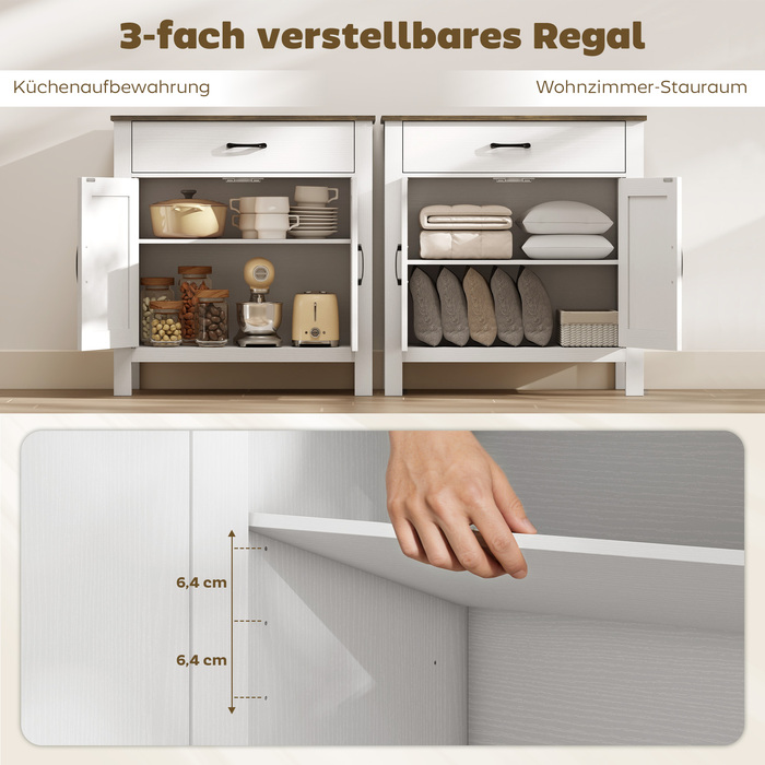 Буфет-шафа для вітальні/кухні в сільському стилі з розсувними дверцятами та регульованими полицями, білий колір