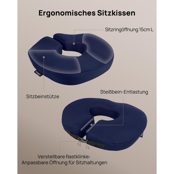 Ортопедична подушка-кільце Feagar: ергономічний сидіння-пончик для копчика, геморой та ішіасу, посилена (90-140 кг), темно-синя