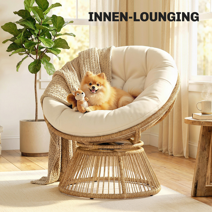 Крісло-папасан 360° обертове, плетене з ротангу з подушкою, сталевий каркас, кругле, кремово-біле лаунж-крісло