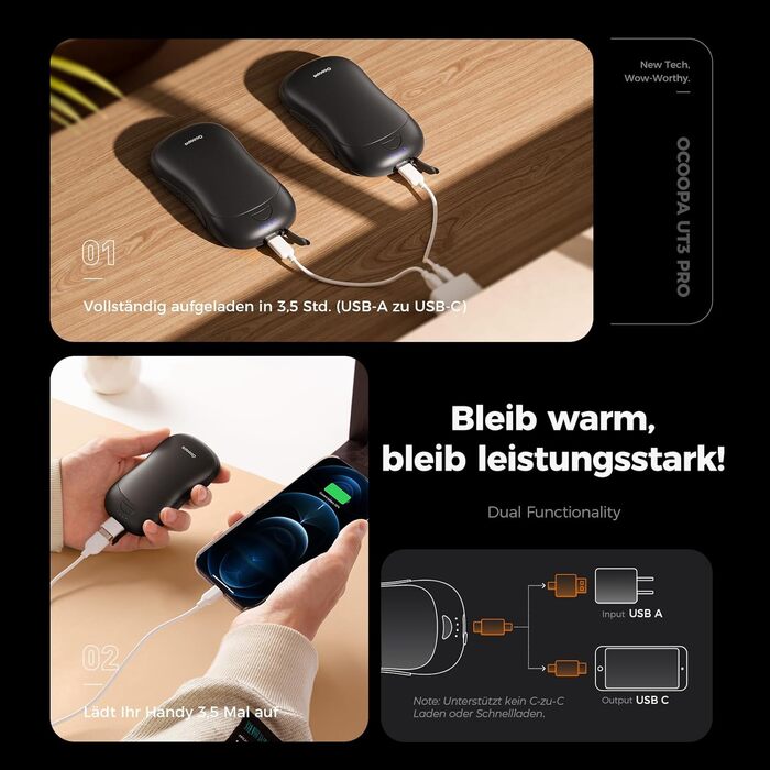 Електричні грілки для рук OCOOPA 2 шт., 10000mAh Powerbank, USB, 4 режими нагріву, до 58°C, для чоловіків, ідеально для гольфу, полювання та кемпінгу, UT3 PRO, чорний