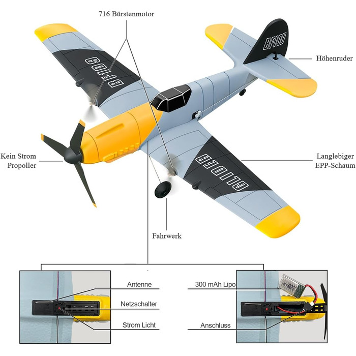 Літак на радіокеруванні HAWK'S WORK P-51D Mustang 2.4GHz, 6-осьовий гіростабілізатор, готовий до польоту, для дітей та початківців (сірий)