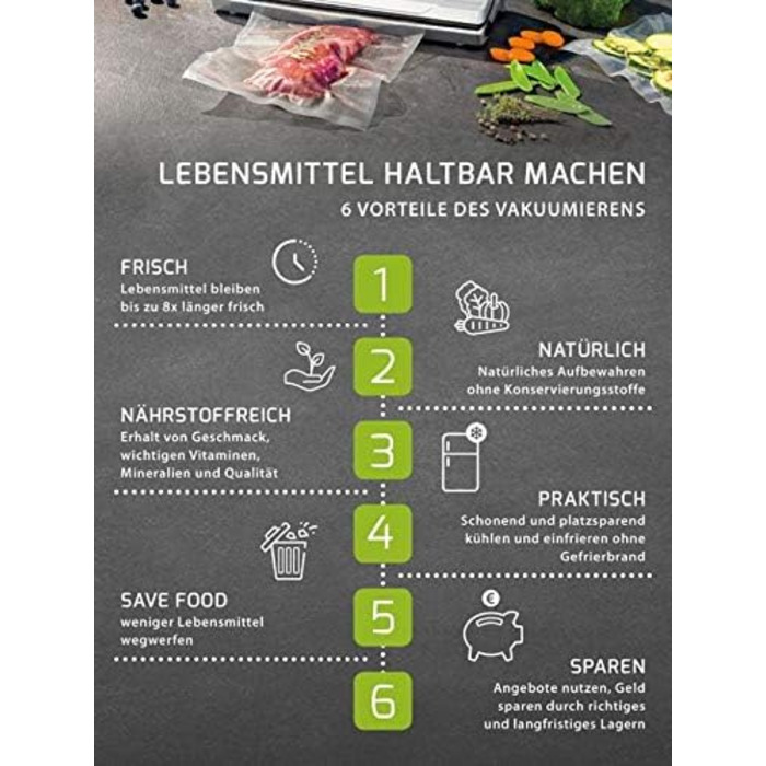 Вакууматор CASO VC200 для продуктів харчування з подвійним швом, вбудованим різаком та набором рулонів