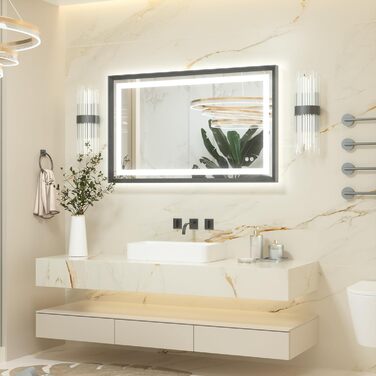 Дзеркало для ванної кімнати Keonjinn з підсвічуванням, металевий каркас 50x70 см, антизапар, LED, сенсорне керування, 3 кольори світла, диммування, пам'ять, настінне дзеркало (Чорний, 60 x 100 см)