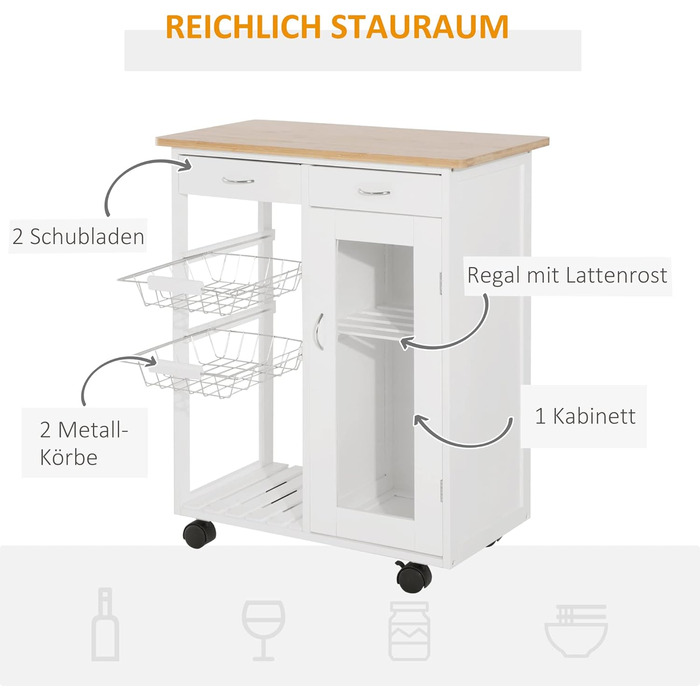Візок для кухні HOMCOM, візок з ящиками, металеві кошики, бамбук, білий, 70x37x85 см