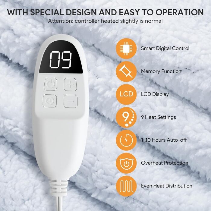 Електрична гріюча ковдра з автовимкненням, 9 режимів нагріву та таймером, захист від перегріву, 160x130 см, блакитна