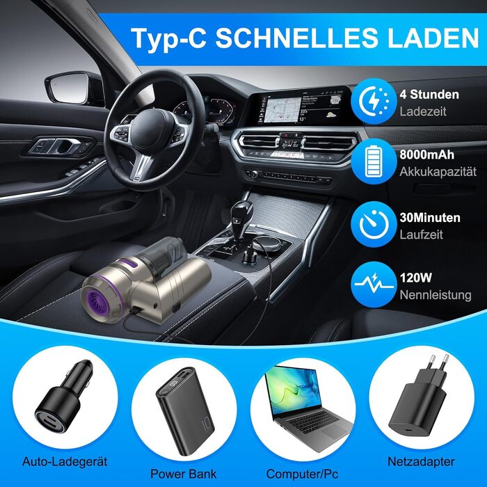 Бездротовий ручний автомобільний пилосос 4 в 1, потужність 18000Па, безщітковий мотор 200 000 об/хв, 3 рівні всмоктування для авто, дому та шерсті тварин, сріблястий