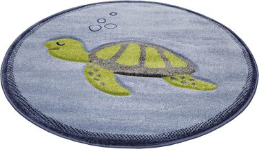 Сучасний дитячий килимок Esprit з коротким ворсом і мотивом черепахи - Черепаха (Синій, Зелений, 80 см круглий)