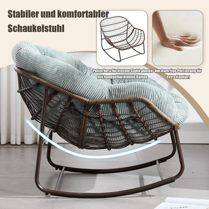 Крісло-гойдалка LIFEISLE з ротангу, крісло-шезлонг для дому та саду, крісло-гойдалка у формі яйця для вітальні, балкону, саду, на вулиці та в приміщенні, Cord White, білий (тканина Cord, світло-зелений)