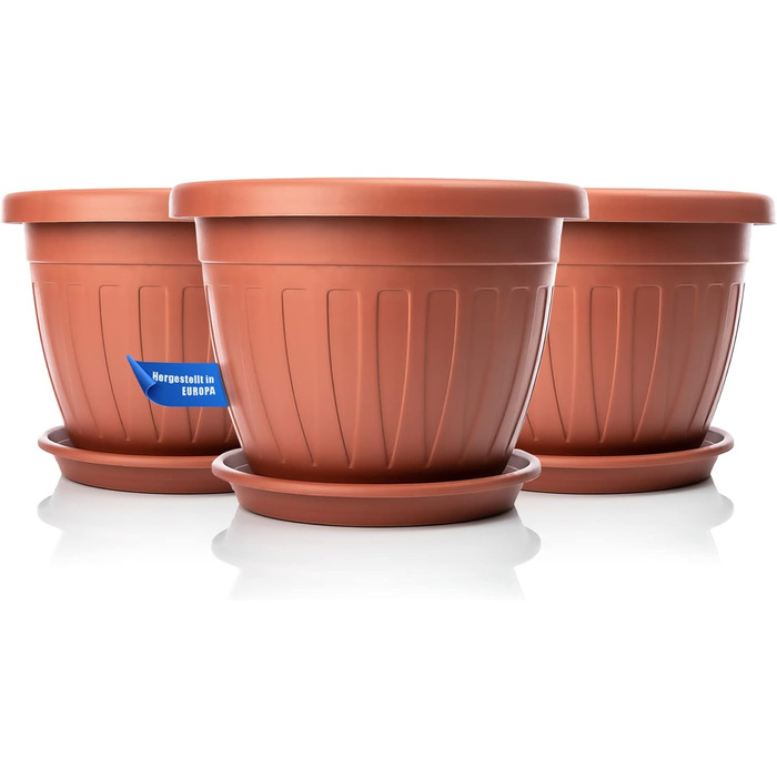 Квітчанка BigDean 3X з підставкою, 3 шт. - круглий, вологостійкий горщик для квітів - з водостоком, стійкий до УФ, з міцного пластику - для внутрішнього та зовнішнього використання - Made in Europe (терракота, ø33xH25 см)