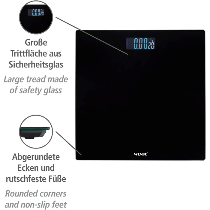 Ваги для ванної кімнати РК-дисплей, точні, цифрові ваги для тіла з безпечного скла з функцією автоматичного ввімкнення/вимкнення та технологією step-on, до 150 кг, великий РК-дисплей, 28 x 2,2 x 28 см, чорний