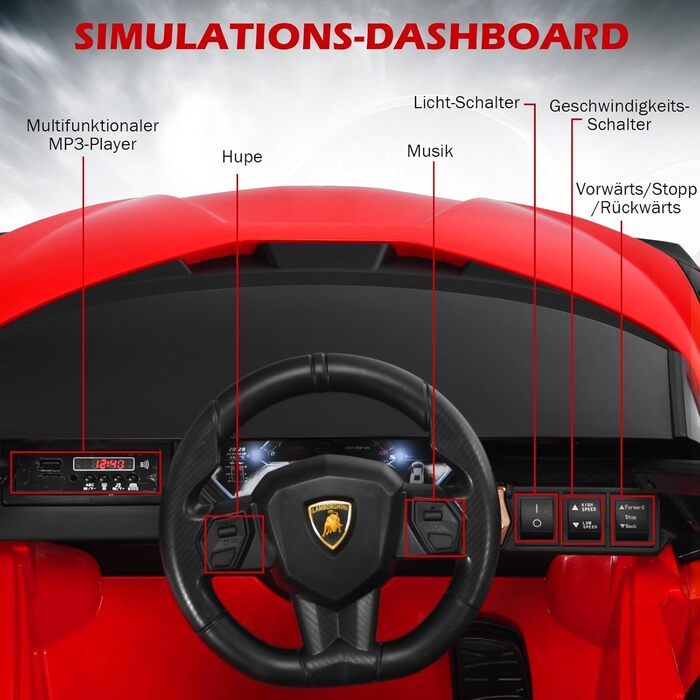 Електромобіль для дітей DREAMADE Lamborghini 12V з пультом, ременем безпеки, підсвічуванням, музикою та сигналом, червоний, від 3 років