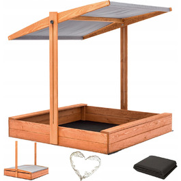 Пісочниця з дахом та сонцезахистом UV 100+, сіра, 100x100 см, з флісовою підкладкою, дерево