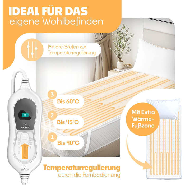 Електрична ковдра KESSER® з двома зонами нагріву та автовимкнення | 3 температурні режими | М'яка флісова підстилка для ліжка | Біла ковдра без візерунку