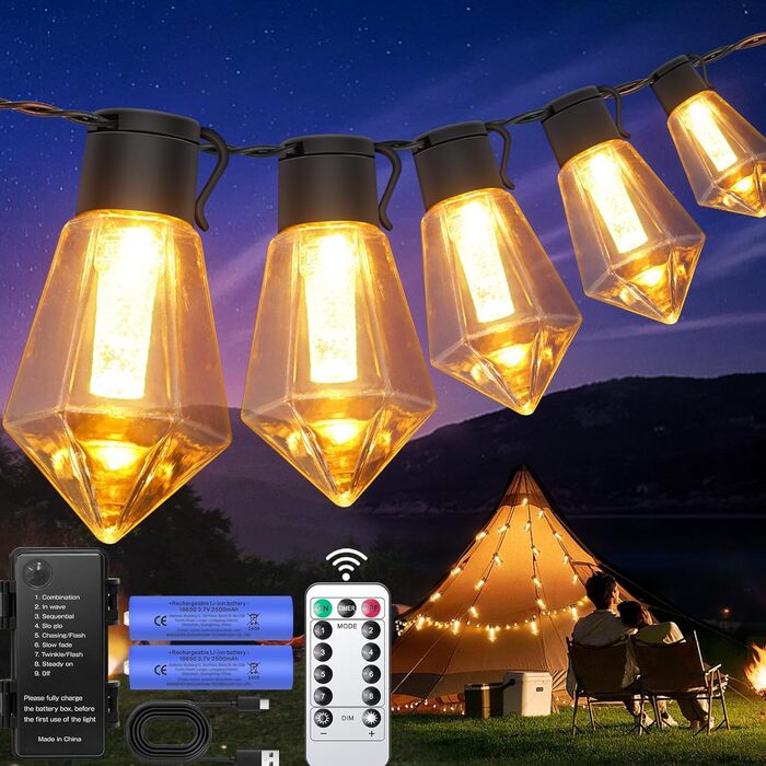 LED гірлянда для вулиці на батарейках з таймером, 9м, 12 лампочок ST64, USB зарядка, 5000mAh, для декору саду, вечірки, весілля, Різдва